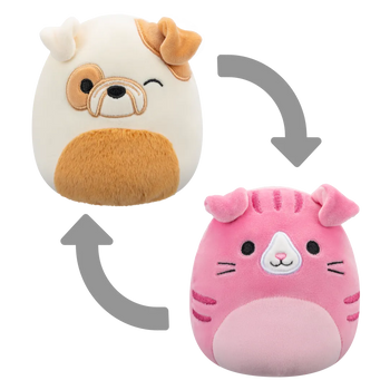 Squishmallows 2 in 1 Geraldine il gatto Scottish Fold Cat/Brock il bulldog, 13 cm