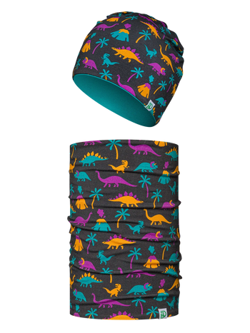 Set Buonumore per bambini berretto con pon-pon e scaldacollo leggeri Dinosauri e vulcani