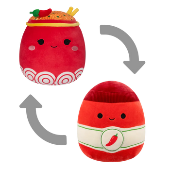 Squishmallows 2 in 1 Odion il noodle rosso fuoco/Illia la salsa sriracha, 13 cm