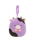 Squishmallows con clip-on Alexie la mucca viola e nera con papillon, 9 cm