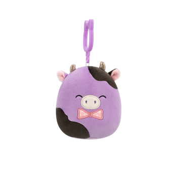 Squishmallows con clip-on Alexie la mucca viola e nera con papillon, 9 cm