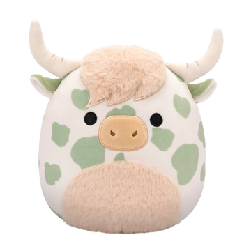 Squishmallows Celestino la mucca delle Highland maculata verde salvia con pancia crespa, 20 cm