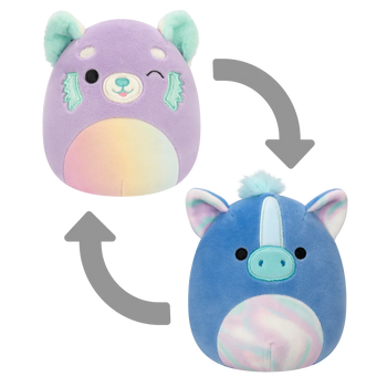 Squishmallows 2 in 1 Lexis il panda viola e rosso/Romano l’ippocampo blu, 13 cm