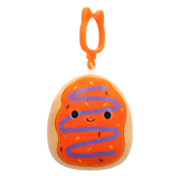 Squishmallows con clip-on Jay la ciambella con glassa arancione spruzzata di viola, 9 cm