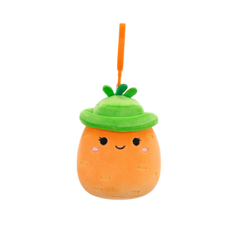 Squishmallows con clip-on Caroleena la carota arancione con cappello da pescatore, 9 cm